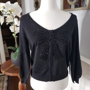 NWT Adrianna Papell Black Shimmer Beaded Embellished Bow Sweater